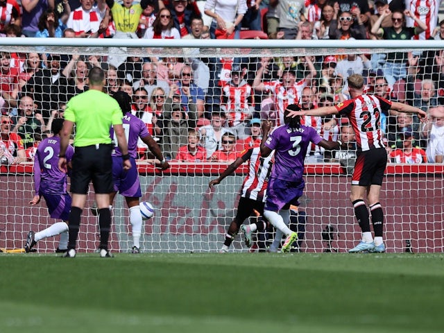 Yoane Wissa of Brentford scores against Fulham in their Premier League clash, on May 18, 2025