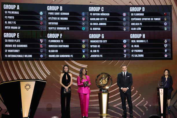 MIAMI, FLORIDA - DECEMBER 05: A general view inside the venue as the LED screen displays the final groups during the 2025 FIFA Club World Cup Draw at Telemundo Studios on December 05, 2024 in Miami, Florida.