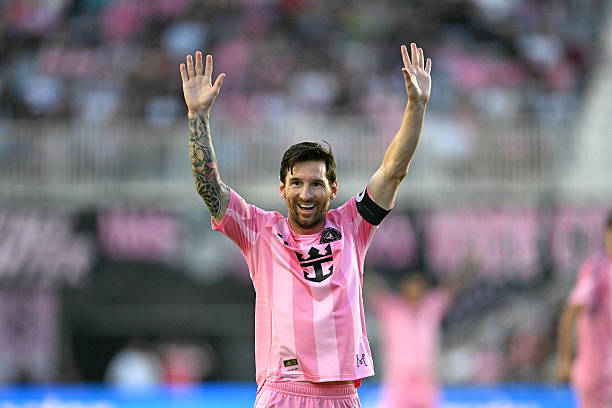 Inter Miami's Argentine forward #10 Lionel Messi celebrates scoring his team's second goal during the Major League Soccer match between Inter Miami CF and Columbus Crew at Chase Stadium in Fort Lauderdale, Florida, on May 31, 2025.