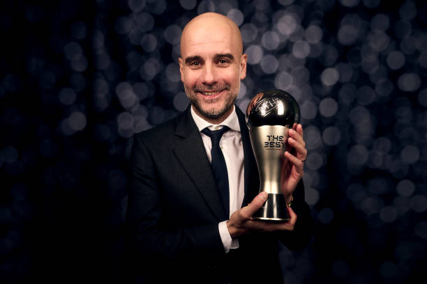Pep Guardiola prestigious awards in soccer The Best FIFA LONDON, ENGLAND - JANUARY 15: (EDITORS NOTE: Image has been digitally enhanced.) FIFA Men's Coach of the Year, Pep Guardiola, poses for a photo during The Best FIFA Football Awards 2023 at The Apollo Theatre on January 15, 2024 in London, England. Football Coach