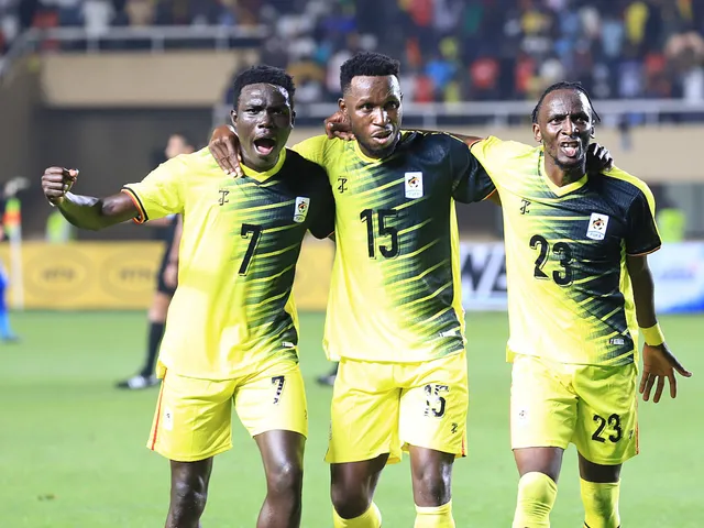 Aziz Abdu Kayondo (R) of Uganda celebrates with teammates after scoring during the CAF Africa Cup of Nations qualifiers Group K match between Uganda and the Republic of Congo at Nelson Mandela National Stadium in Kampala, Uganda, on Sept. 9, 2024