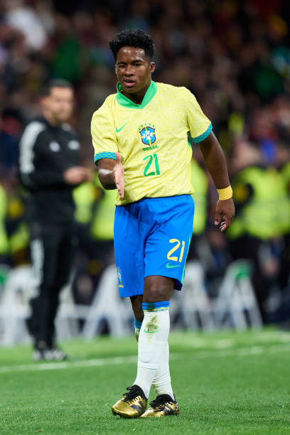 Endrick soccer players who tuck their shirt in MADRID, SPAIN - MARCH 26: Endrick Felipe of Brazil celebrates after scoring his team's second goal during the friendly match between Spain and Brazil at Estadio Santiago Bernabeu on March 26, 2024 in Madrid, Spain.